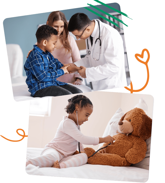 Child at a doctor's visit and another child playing doctor with a teddy bear.